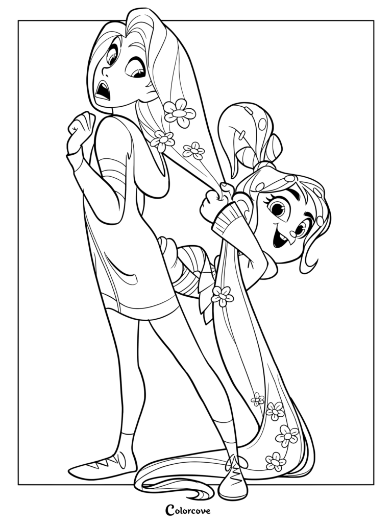 Coloriage de Princesses Disney montrant Vanellope von Schweetz en train de s'emmêler de façon ludique dans les très longs cheveux de Raiponce, inspiré du film Les Mondes de Ralph 2.