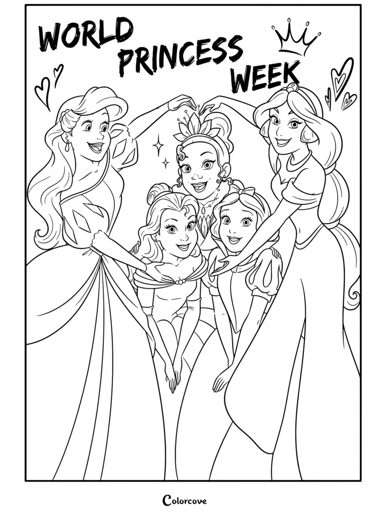 Coloriage de Princesses Disney représentant Ariel, Tiana, Jasmine, Belle et Blanche-Neige célébrant ensemble la Semaine mondiale des princesses.