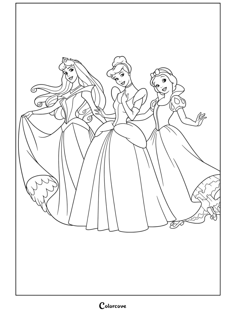 Un coloriage de Princesses Disney représentant Aurore, Cendrillon et Blanche-Neige debout ensemble dans des robes emblématiques et posant joyeusement.