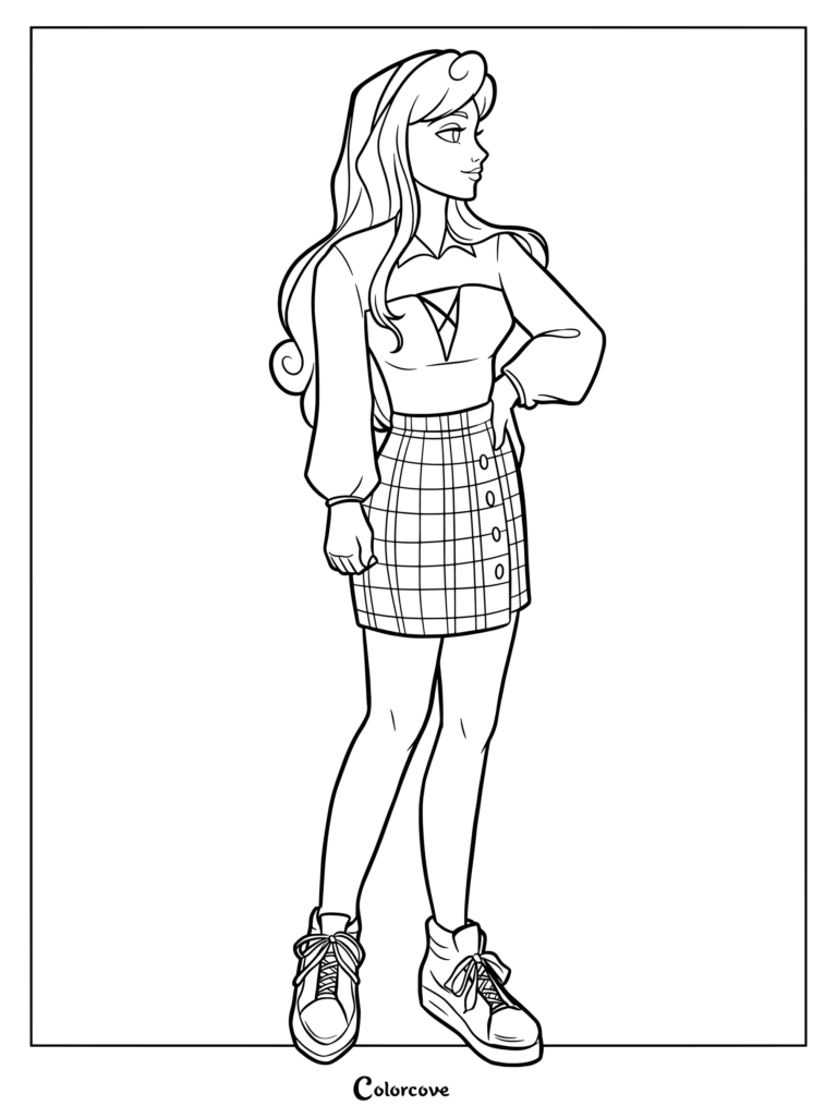 Coloriage pour les fans de Princesses Disney représentant la Belle au bois dormant de Disney dans une tenue décontractée moderne avec un haut court style corset noir par-dessus un haut transparent beige à manches longues, une mini-jupe à carreaux rose et des baskets blanches épaisses.