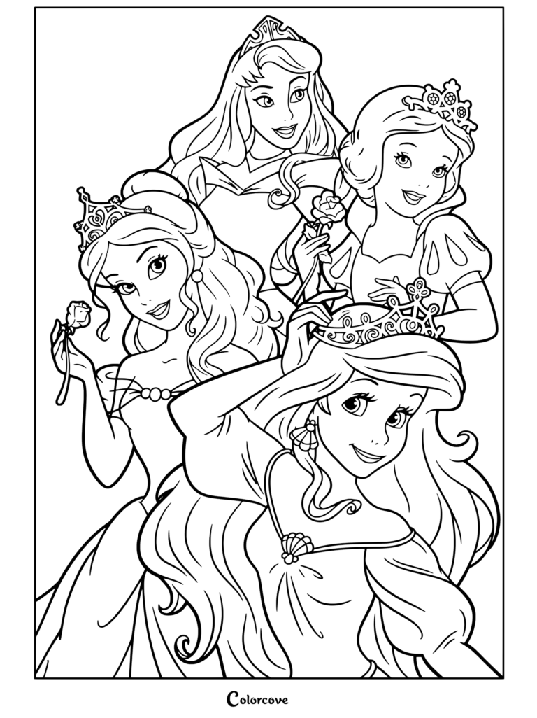 Coloriage représentant un portrait de groupe des Princesses Disney Aurore, Blanche-Neige, Belle et Ariel.
