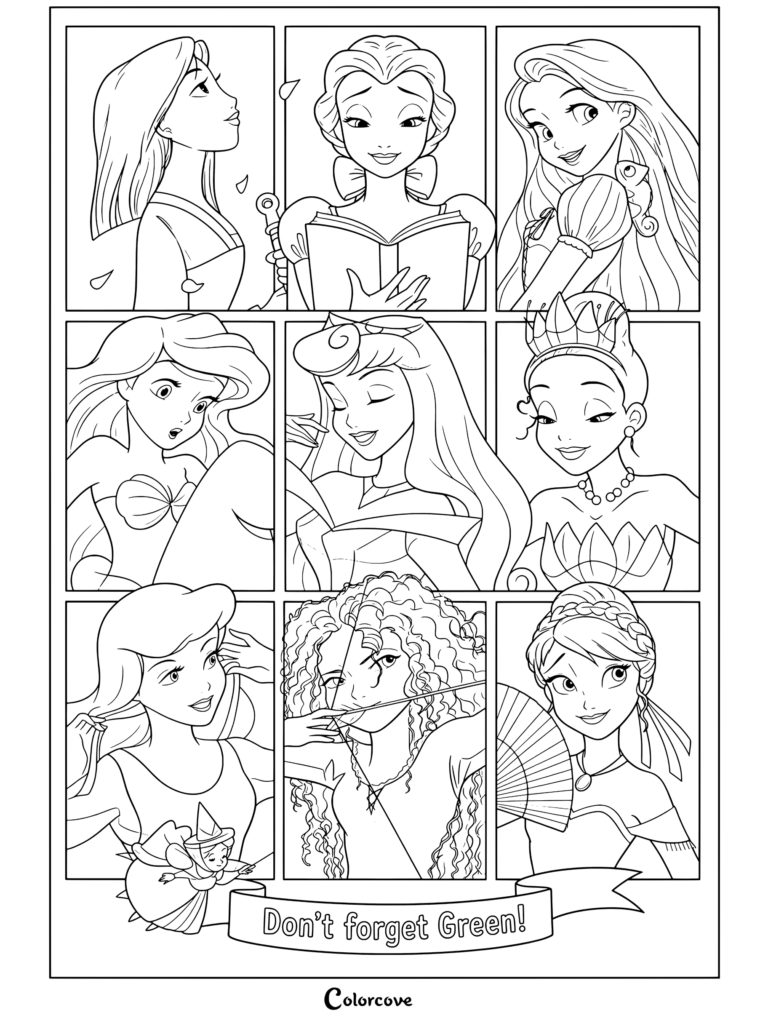 Coloriage de collage des Princesses Disney Mulan, Belle, Raiponce, Ariel, Aurore, Tiana, Cendrillon, Merida et Anna vêtues de tenues vertes