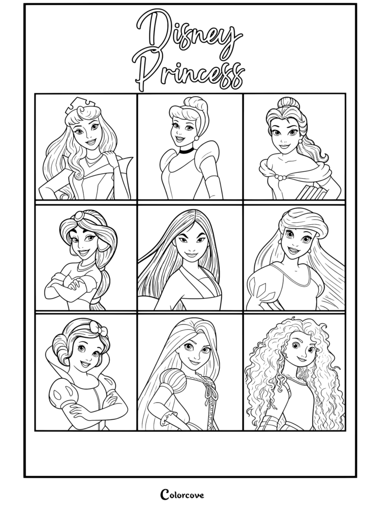 Coloriage de Princesses Disney représentant un collage d'Aurore, Cendrillon, Belle, Jasmine, Mulan, Ariel, Blanche-Neige, Raiponce et Merida.