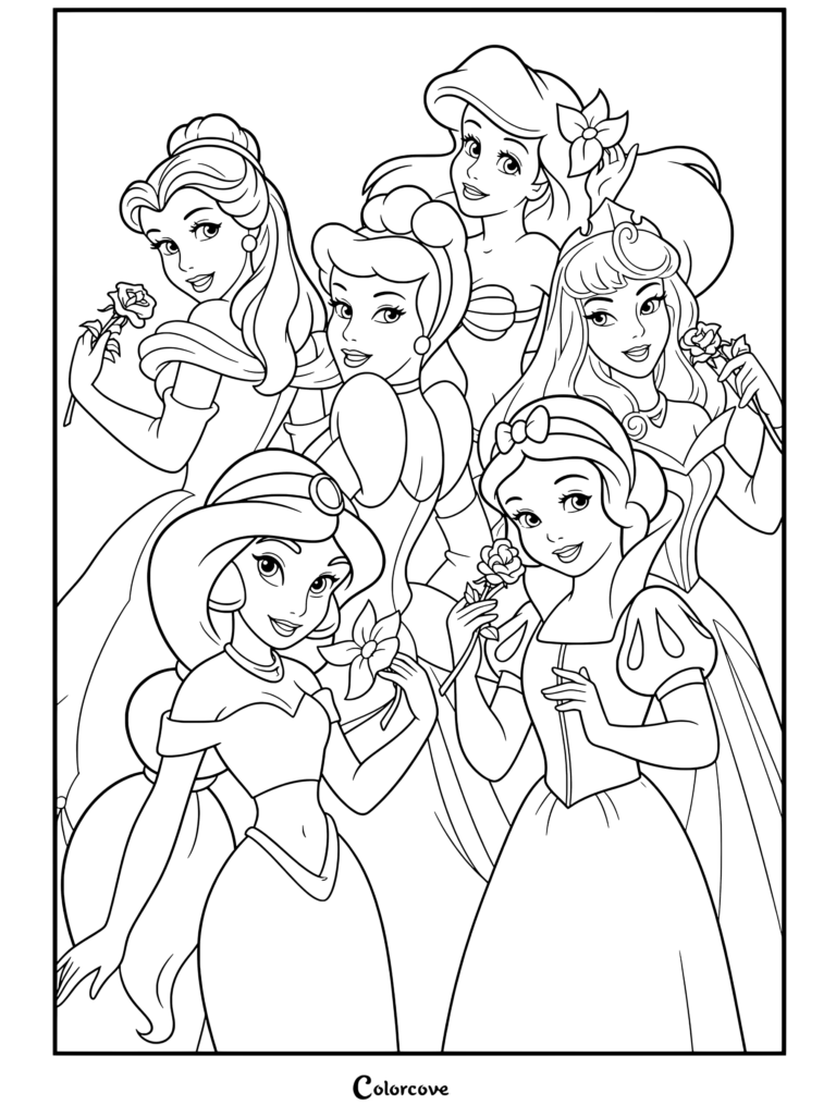 Coloriage de Princesses Disney représentant un portrait de groupe de Belle, Cendrillon, Ariel, Aurore, Jasmine et Blanche-Neige tenant des fleurs.