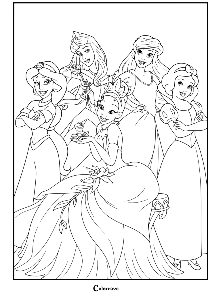 Coloriage de Princesses Disney représentant Jasmine, Aurore, Tiana, Ariel et Blanche-Neige réunies issues de l'art ultime de la célébration des princesses.