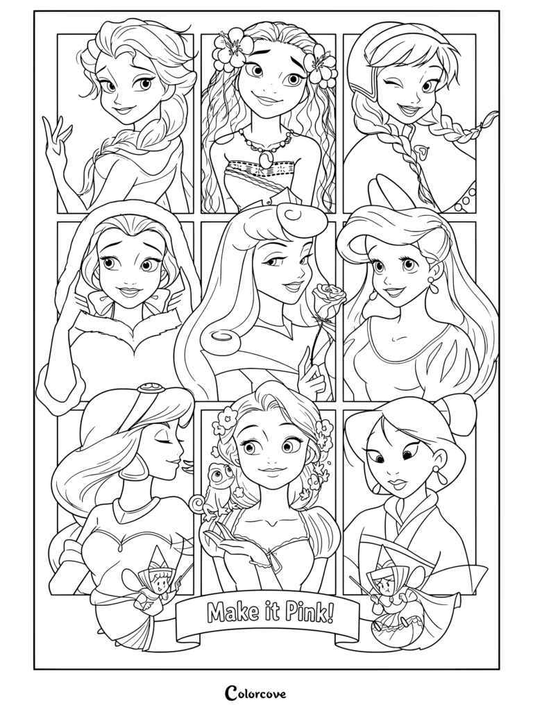 Coloriage représentant une illustration mashup de Princesses Disney avec Elsa, Vaiana, Anna, Belle, Aurore, Ariel, Jasmine, Raiponce et Mulan stylisées dans une palette de couleurs roses.