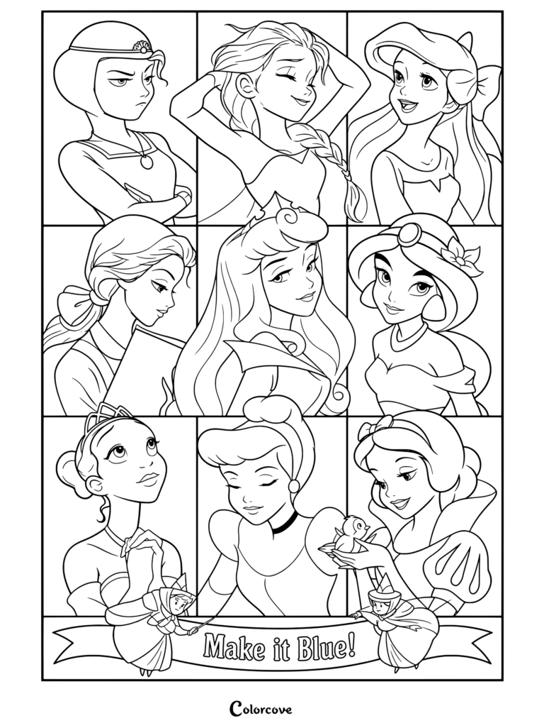 Page de coloriage d'illustration en grille sur le thème de la robe bleue, mashup artistique de Megan Hef représentant diverses héroïnes bien-aimées des Princesses Disney.