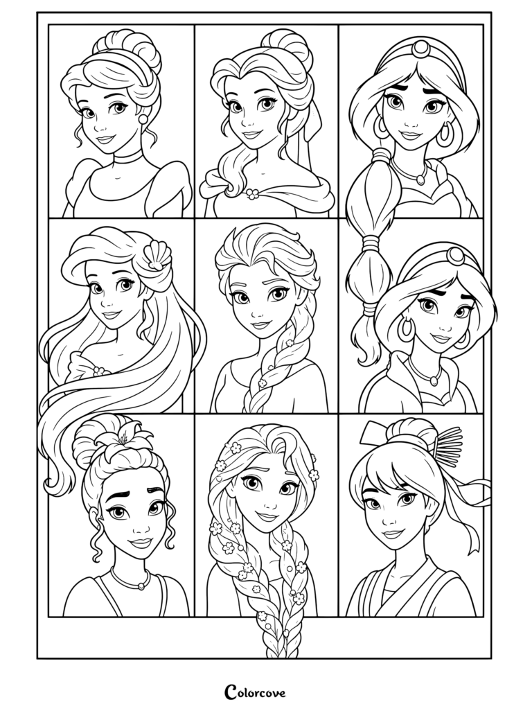 Page de coloriage de Princesses Disney présentant un montage de Cendrillon, Belle, Jasmine, Ariel, Elsa, Tiana, Raiponce et Mulan.