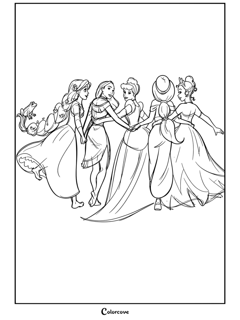 Page de coloriage de Princesses Disney représentant Raiponce, Pocahontas, Cendrillon, Jasmine et Tiana se tenant la main et marchant ensemble dans un style de croquis d'art conceptuel.