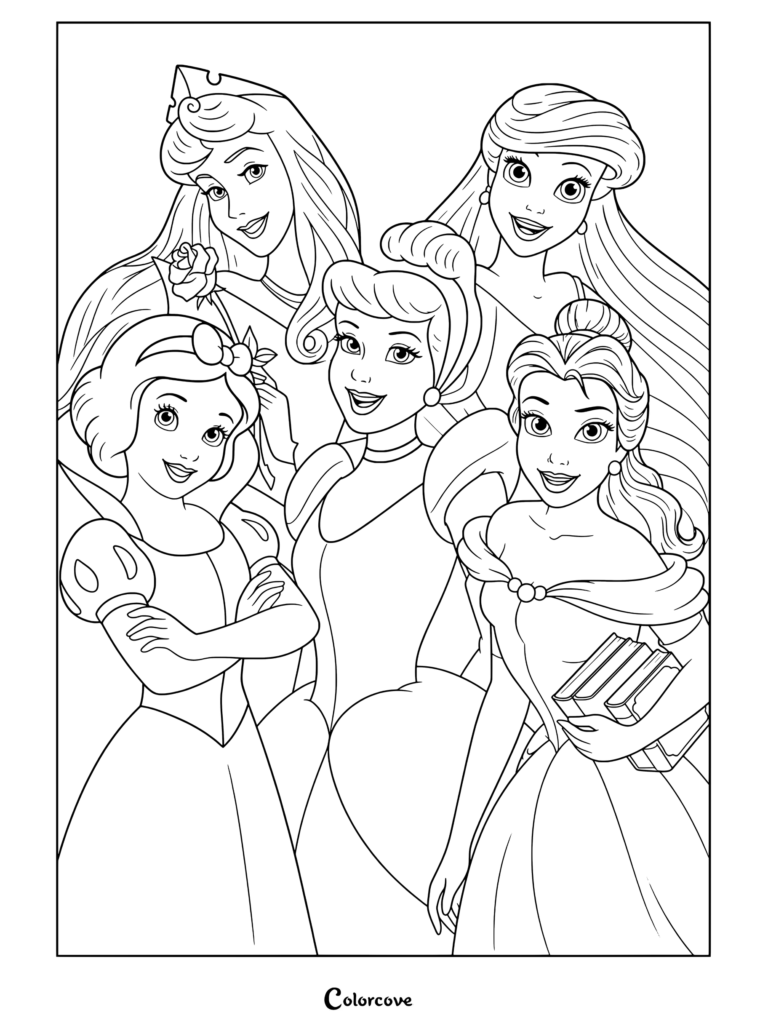 Un coloriage de Princesses Disney à imprimer représentant Blanche-Neige, Aurore, Cendrillon, Belle et Ariel souriant ensemble.