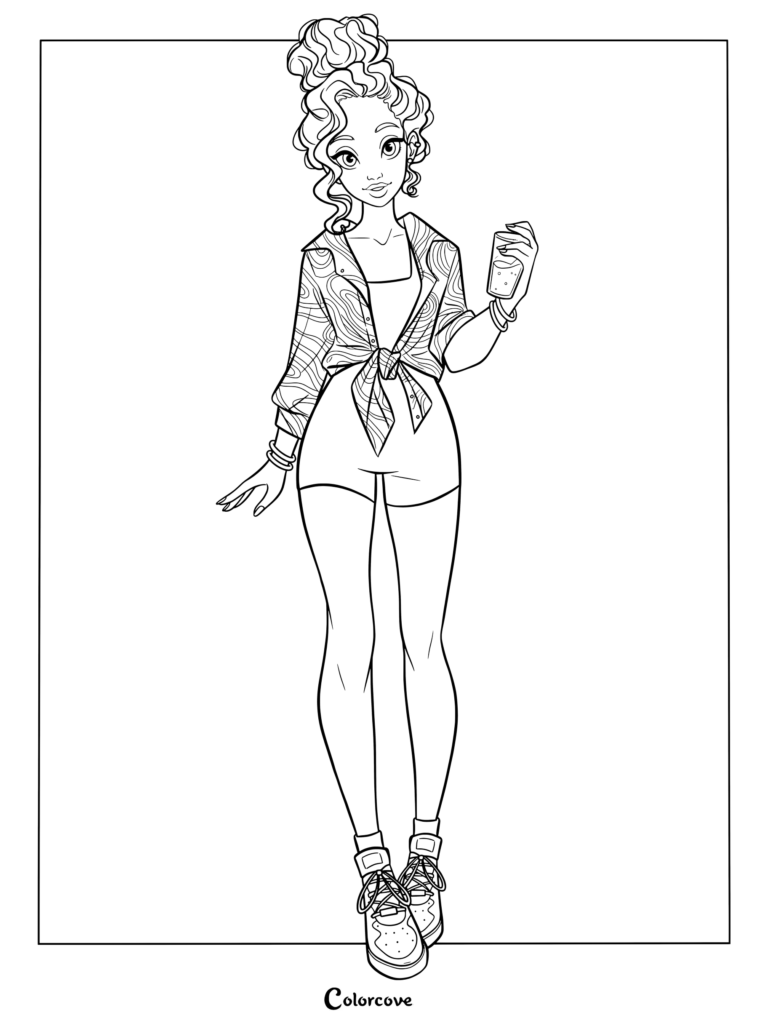 Un coloriage d'illustration de mode moderne de la Princesse Tiana pour les fans de Princesses Disney, la représentant avec des cheveux bouclés en chignon haut, portant une chemise nouée à motif, un short et des baskets tout en tenant un verre.