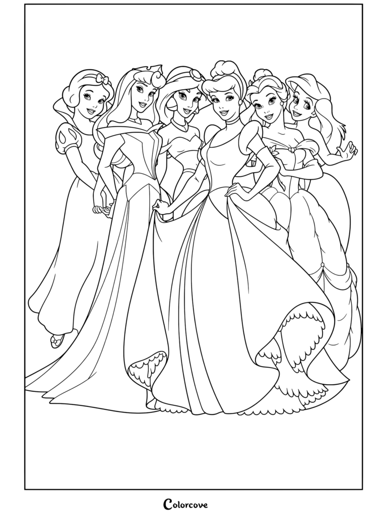 Coloriage de portrait de groupe de Princesses Disney comprenant Blanche-Neige, Aurore, Jasmine, Cendrillon, Belle et Ariel debout ensemble.