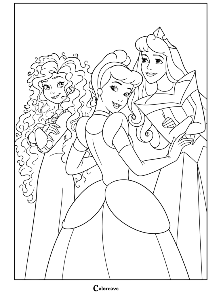 Page de coloriage représentant Merida, Cendrillon et Aurore posant ensemble en souriant, mettant en vedette des personnages de Princesses Disney.