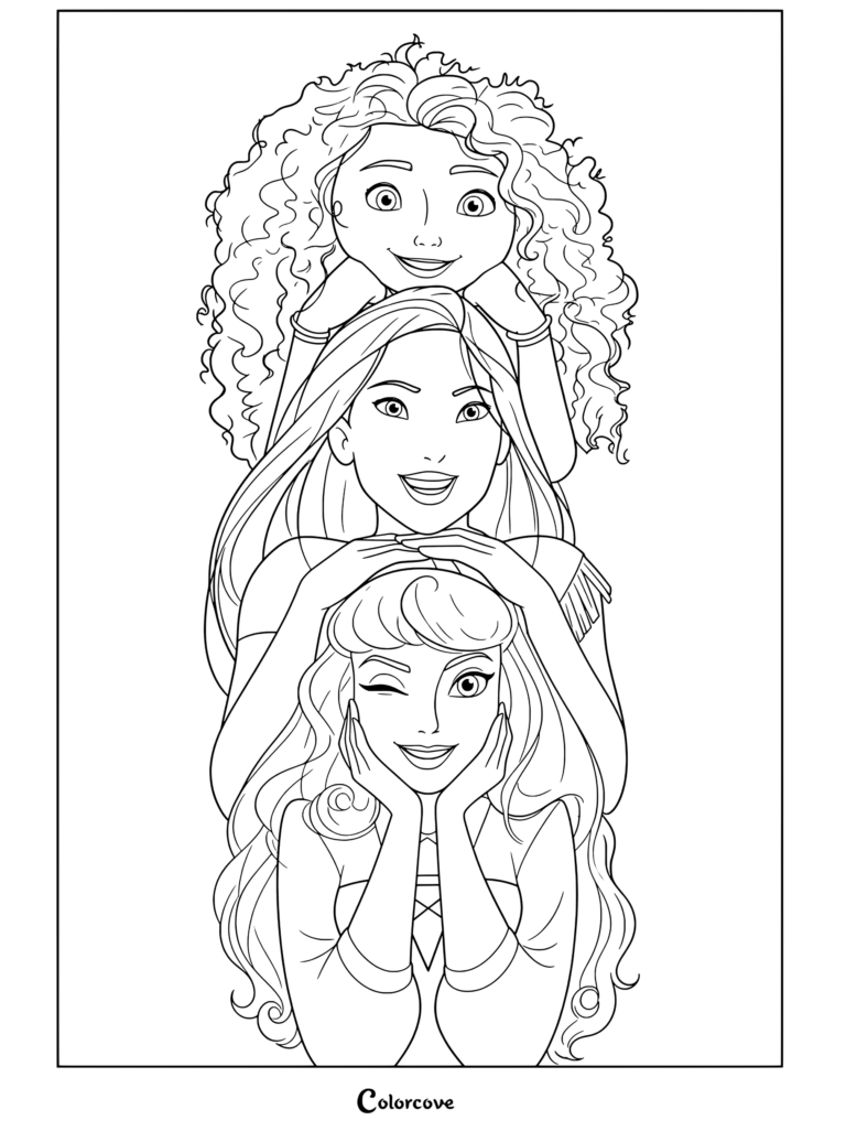 Merida, Pocahontas et Aurore empilées verticalement, souriant et posant ensemble dans cette page de coloriage de Princesses Disney.