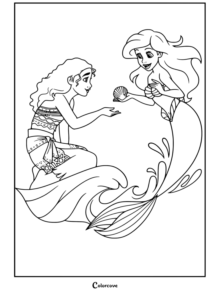 Une page de coloriage de Princesses Disney représentant Vaiana et Ariel échangeant un coquillage rose au milieu des vagues de l'océan.