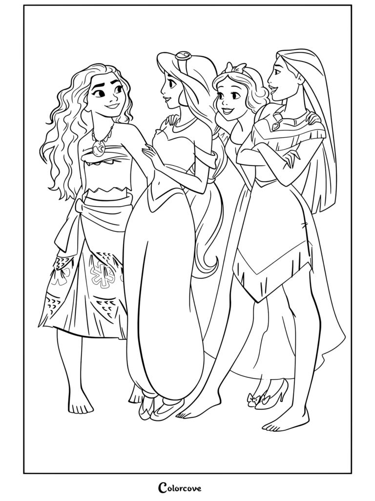 Page de coloriage de Princesses Disney représentant Vaiana, Jasmine, Blanche-Neige et Pocahontas debout ensemble, discutant et souriant.