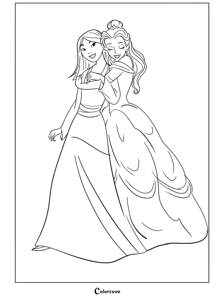 Mulan et Belle se serrant dans leurs bras avec joie dans leurs robes emblématiques sur une page de coloriage de Princesses Disney.