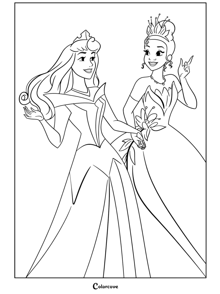 La Princesse Aurore en robe rose tenant la main de la Princesse Tiana en robe verte sur une page de coloriage représentant deux Princesses Disney.