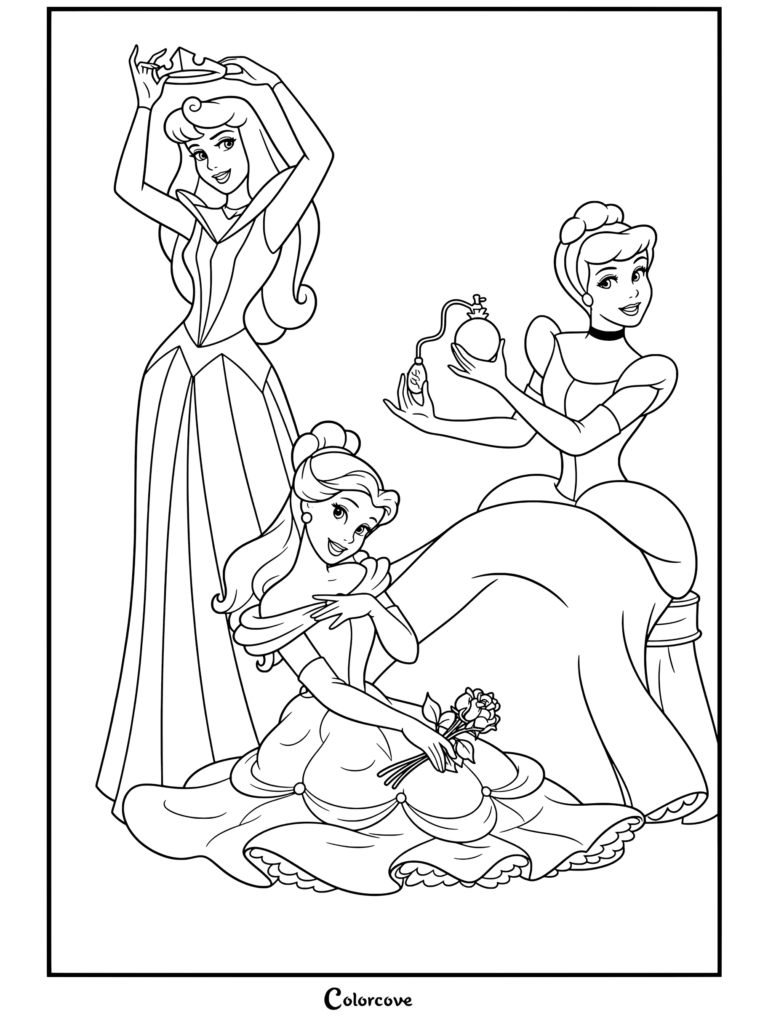 La Princesse Aurore plaçant une couronne sur sa tête, Belle tenant un bouquet de roses et Cendrillon tenant un flacon de parfum sur une page de coloriage de Princesses Disney.