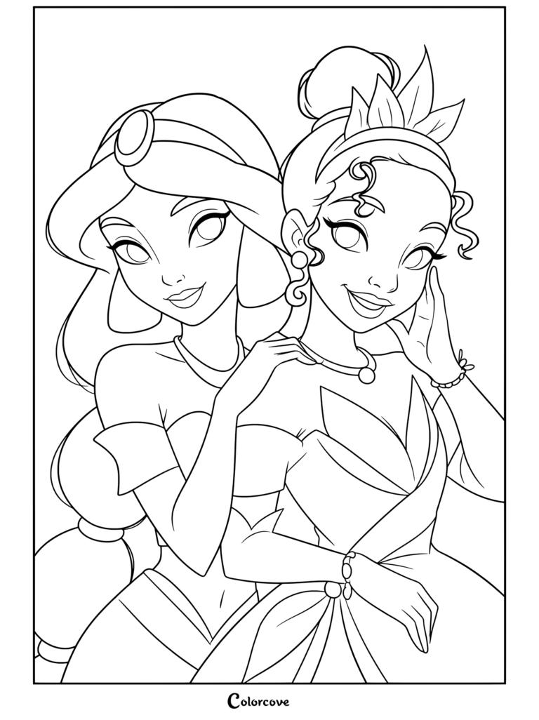 Page de coloriage de Princesses Disney de la Princesse Jasmine et de la Princesse Tiana souriant ensemble dans leurs tenues Disney emblématiques.