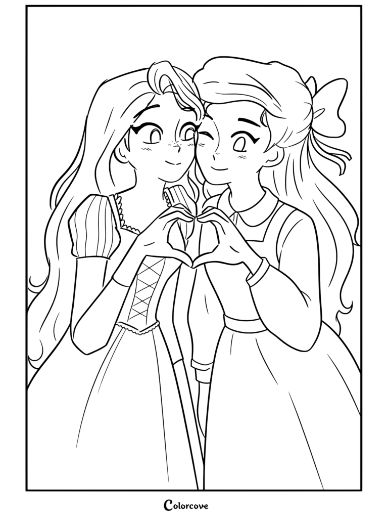 Page de coloriage de Princesses Disney montrant Raiponce et Ariel formant une forme de cœur avec leurs mains.