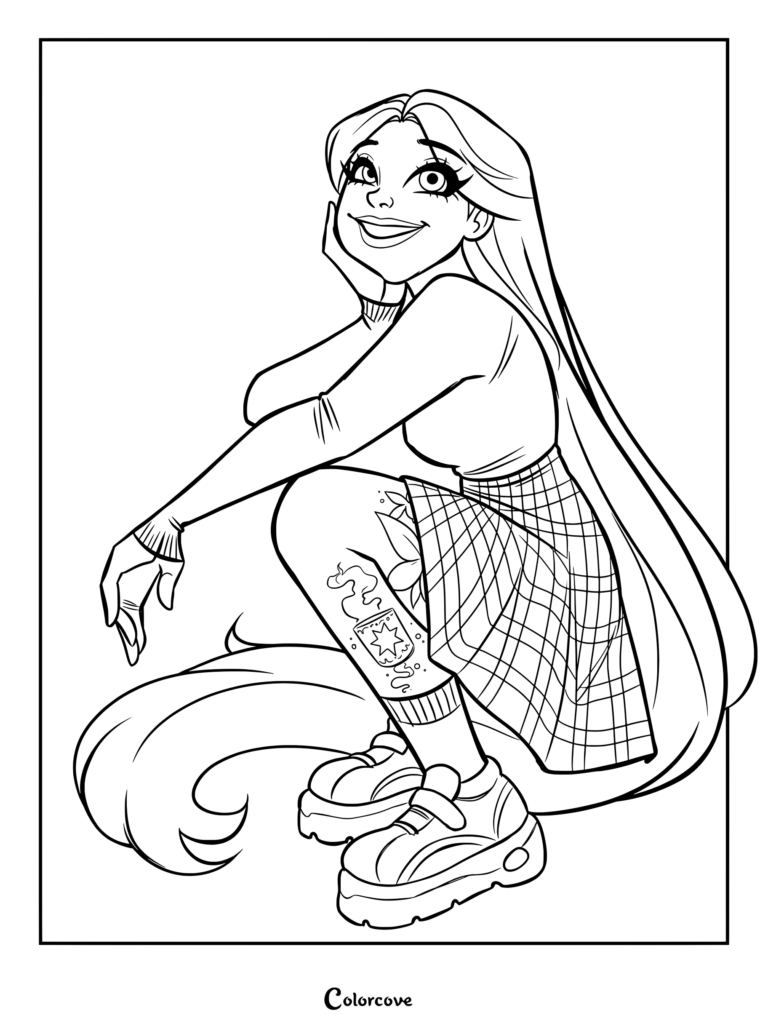 Coloriage de Raiponce moderne mettant en scène la princesse Raiponce avec des cheveux longs, une jupe à carreaux et des baskets à plateforme.