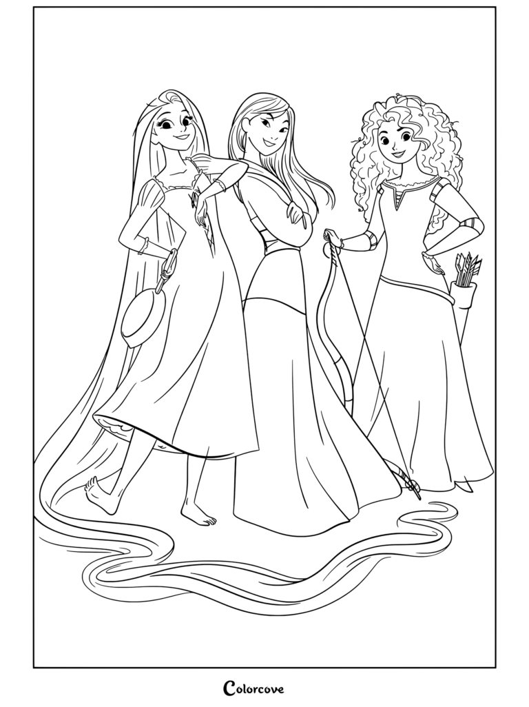 Page de coloriage de Princesses Disney représentant Raiponce, Mulan et Merida posant ensemble avec une poêle, un arc et de longs cheveux dorés.