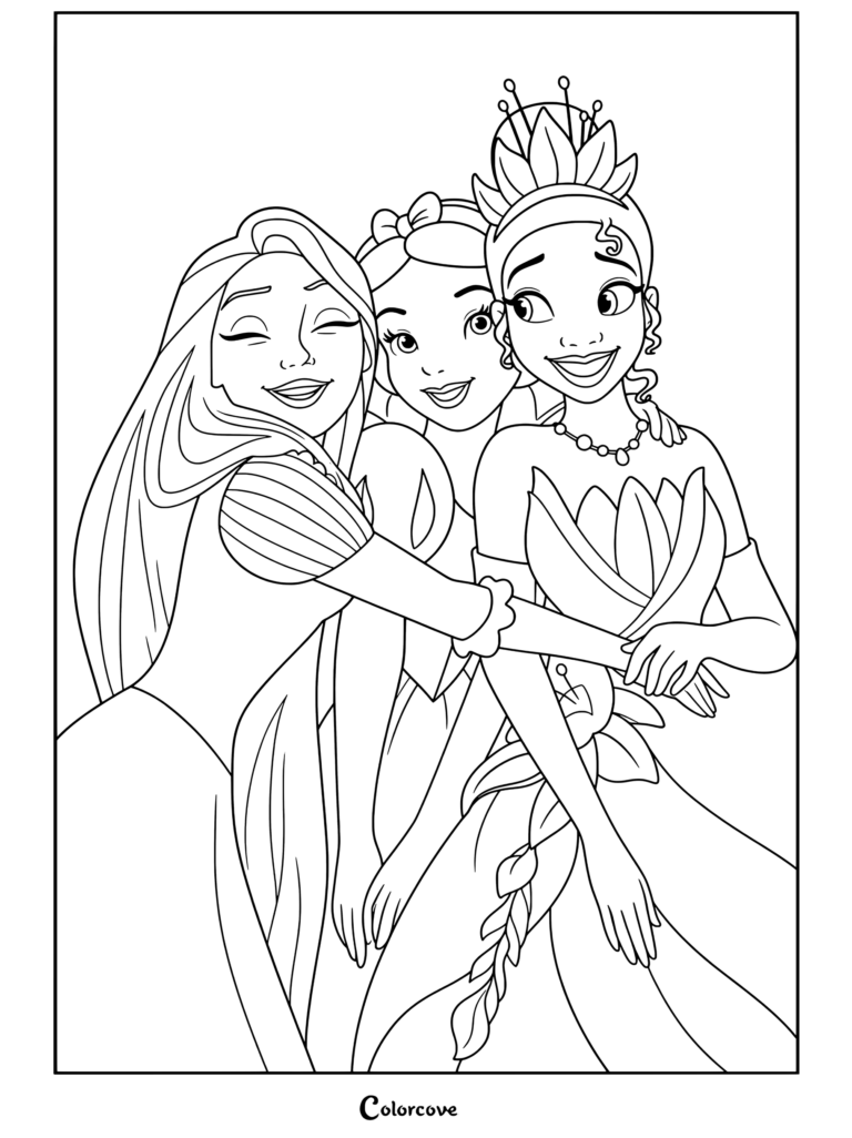 Page de coloriage de Princesses Disney représentant Raiponce, Blanche-Neige et Tiana partageant un câlin chaleureux dans un décor.