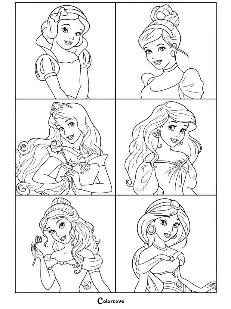 Page de coloriage présentant des portraits de six princesses classiques, Blanche-Neige, Cendrillon, Aurore, Ariel, Belle et Jasmine, réalisés en art au trait noir et blanc pour les fans des Princesses Disney.