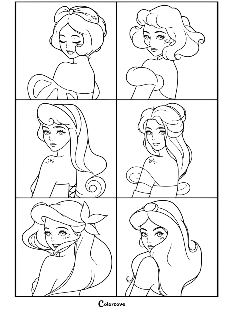 Page de coloriage présentant des portraits d'art numérique glamour de six Princesses Disney, dont Blanche-Neige, Cendrillon, Aurore, Belle, Ariel et Jasmine.