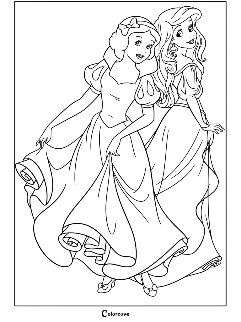 Blanche-Neige et Ariel debout ensemble dans de belles robes sur une page de coloriage mettant en vedette deux Princesses Disney favorites dans un contour détaillé.
