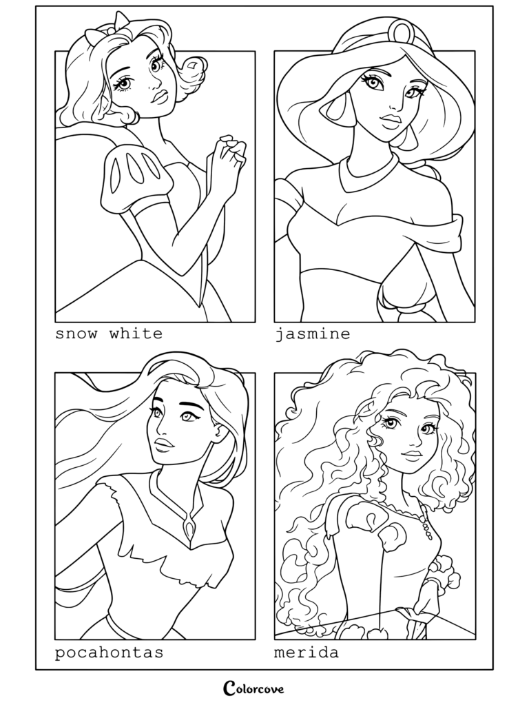 Page de coloriage de portraits d'art stylisés des Princesses Disney Blanche-Neige, Jasmine, Pocahontas et Merida.