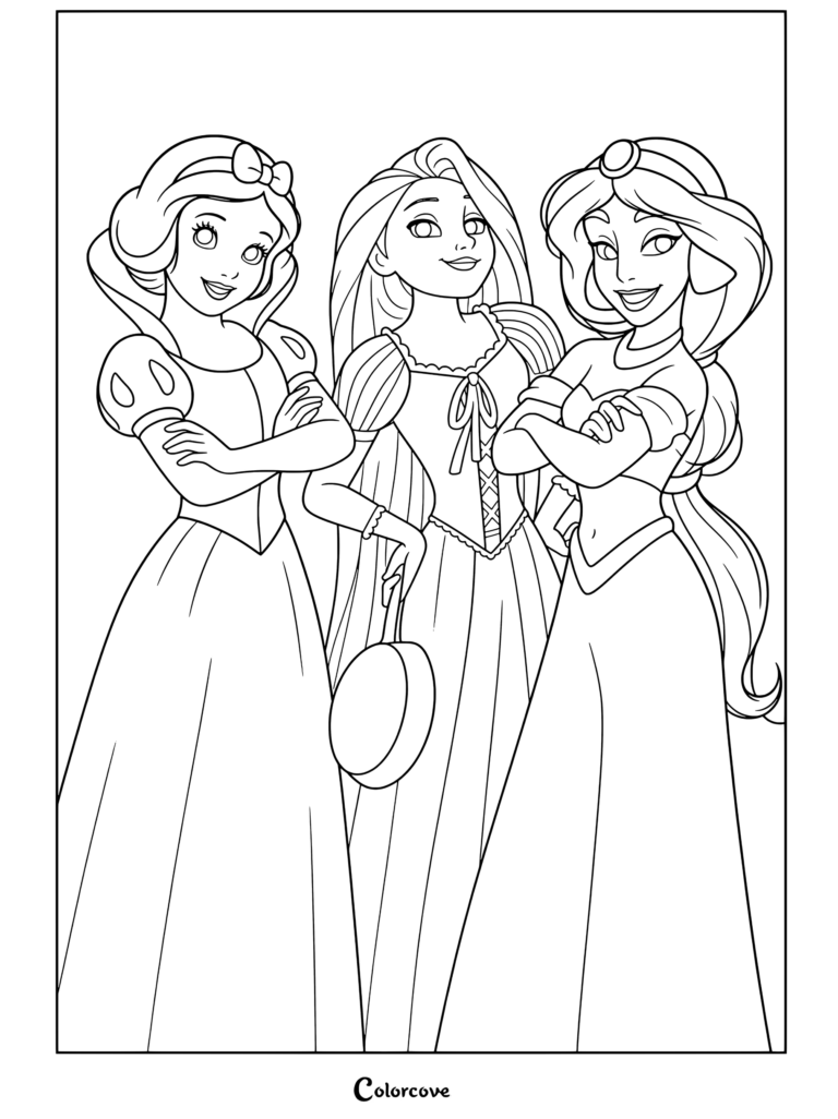 Blanche-Neige, Raiponce et Jasmine debout ensemble les bras croisés, avec Raiponce tenant une poêle à frire, sur une page de coloriage pour les fans des Princesses Disney.