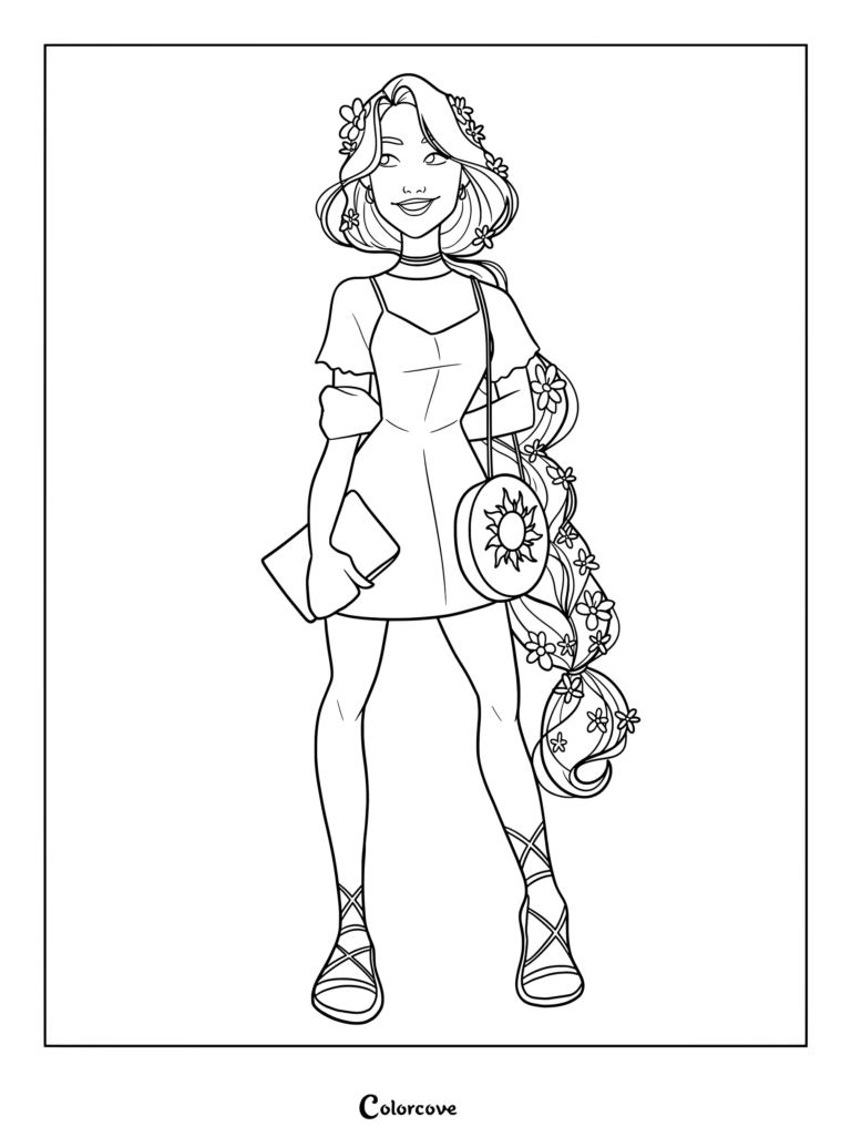Un coloriage de Princesses Disney à imprimer représentant une Raiponce moderne dans une robe stylée tenant un sac et un carnet.
