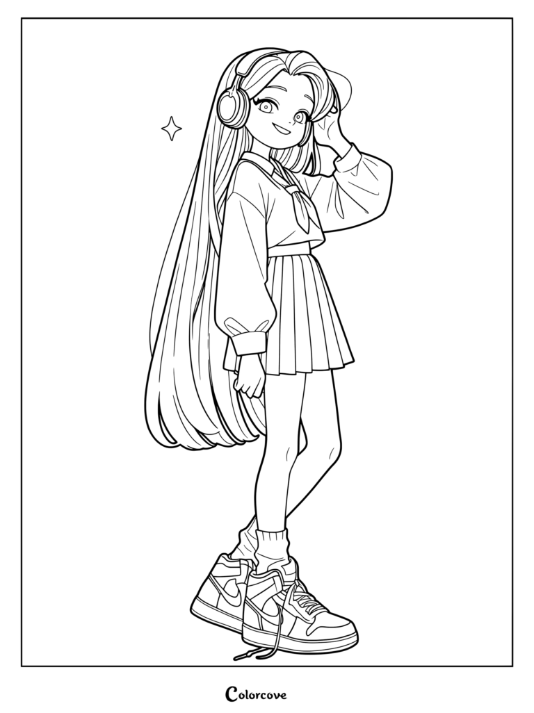 Coloriage de Princesses Disney mettant en vedette une Raiponce moderne portant des baskets tendance et un casque audio oversized.