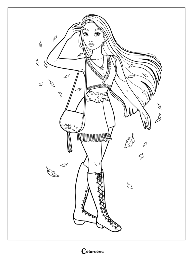 Un coloriage de Princesses Disney représentant une interprétation moderne de Pocahontas vêtue d'une tenue deux pièces à franges aux tons pêche, de bottes lacées foncées et d'un sac bandoulière bleu.