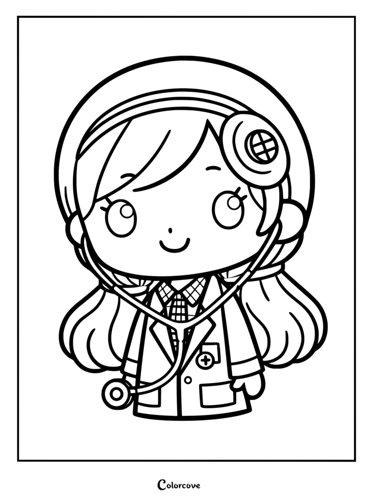 A Kawaii-style cute doctor girl wearing a medical coat, nurse cap, and stethoscope, line art coloring page.