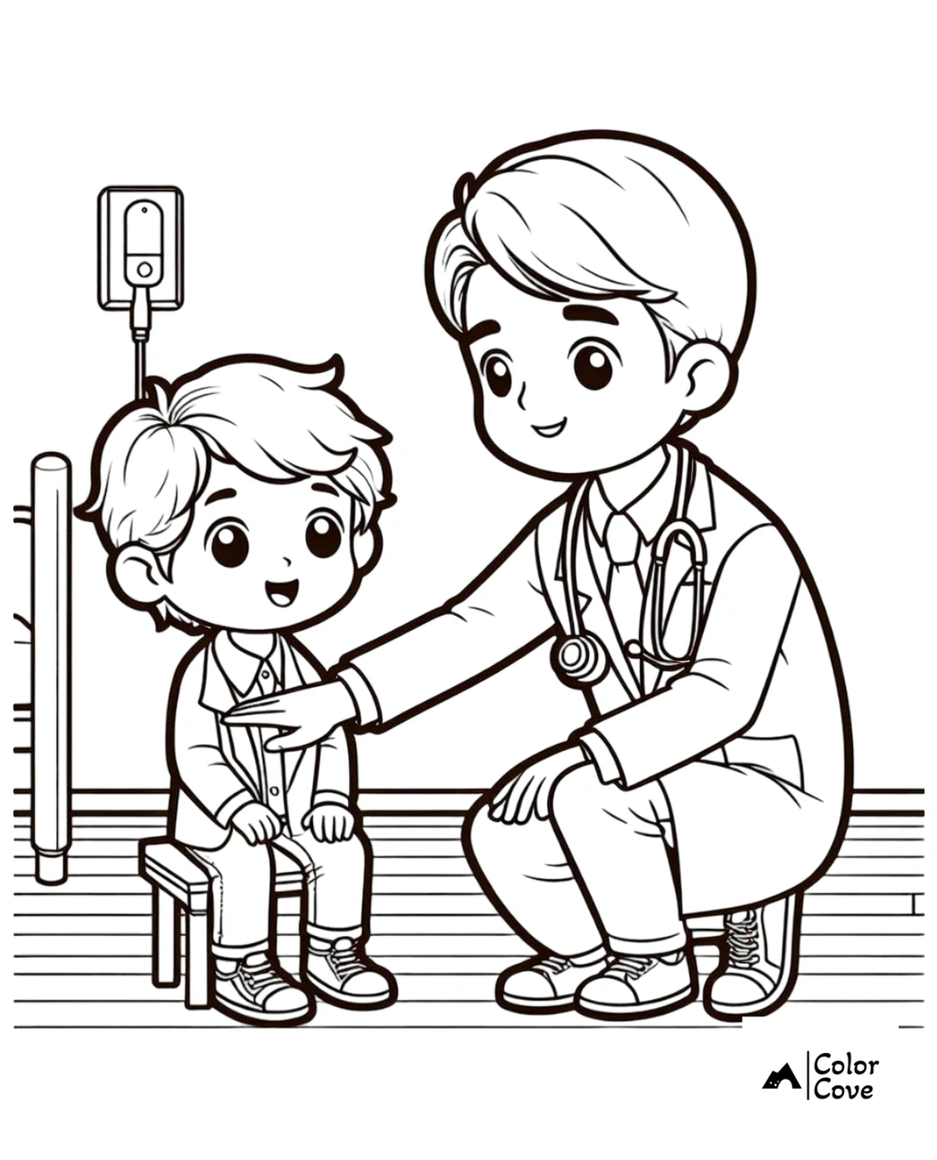 Coloring page of a doctor comforting a young child in a hospital, illustration for kids' healthcare education.