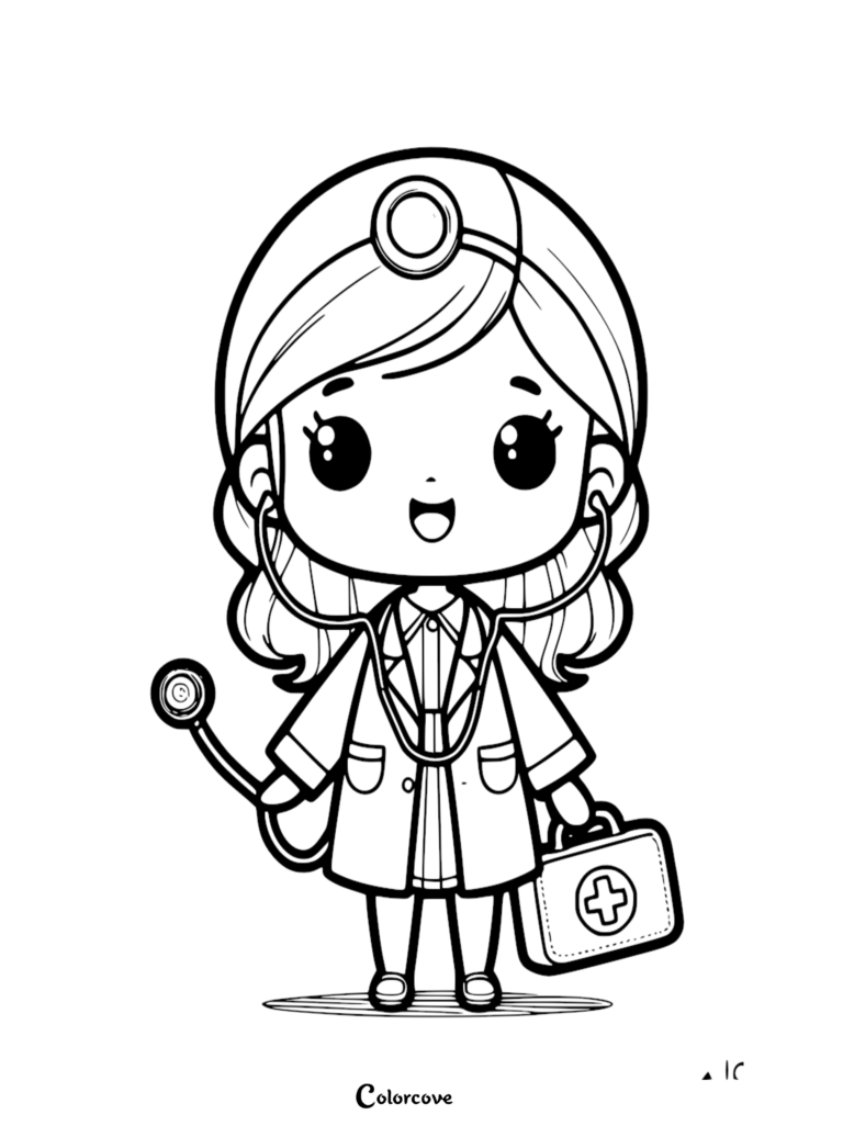 A smiling chibi girl dressed as a doctor with a stethoscope and medical kit, featured in a cute coloring page outline.