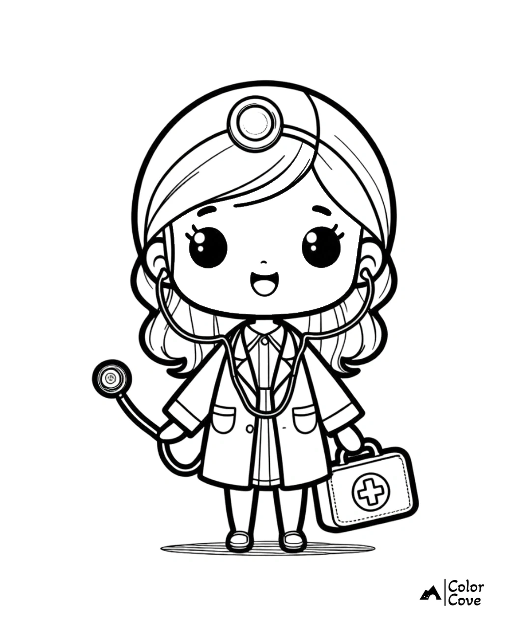 Cute doctor coloring page for kids - adorable cartoon doctor with stethoscope and medical kit ready to color.