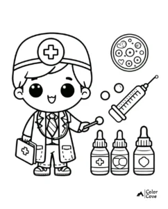 Cute doctor coloring page with medical tools, including a syringe, medicine bottles, and a petri dish with cells.