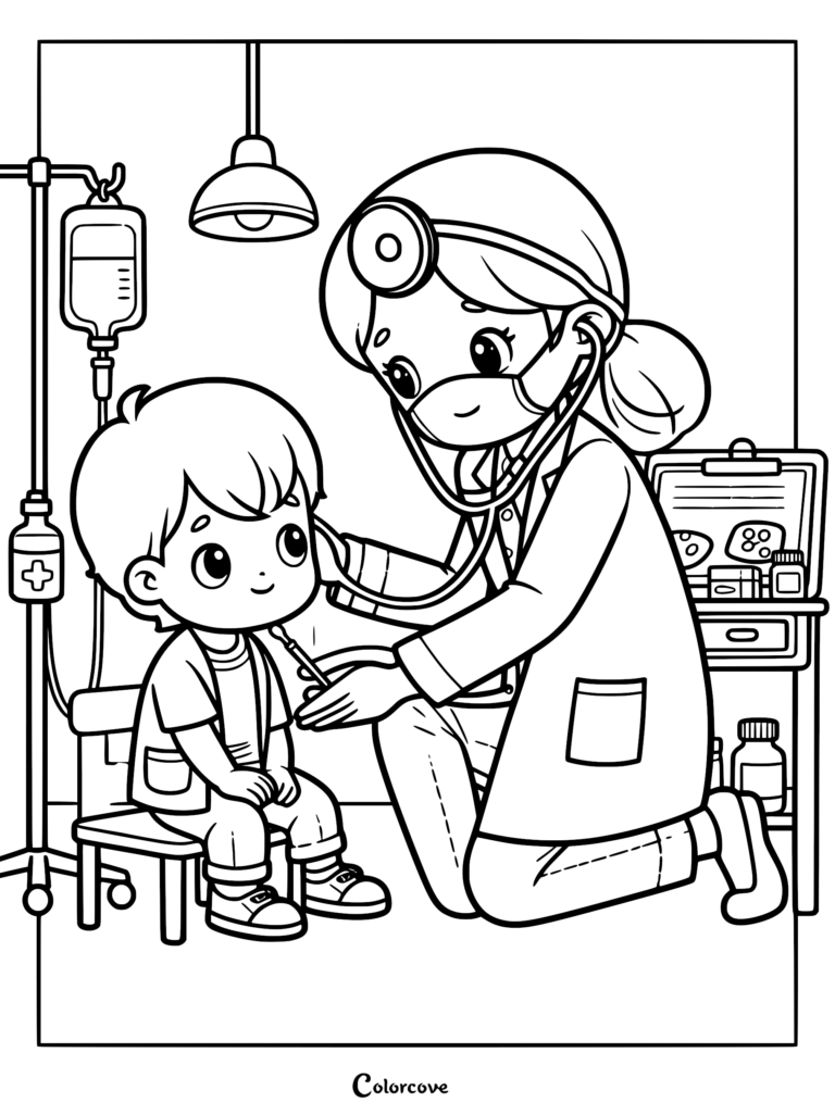 A cute doctor wearing a head mirror and face mask uses a stethoscope to check a young boy sitting on a chair, featuring an IV drip stand and medical supplies in the background of this printable coloring page.