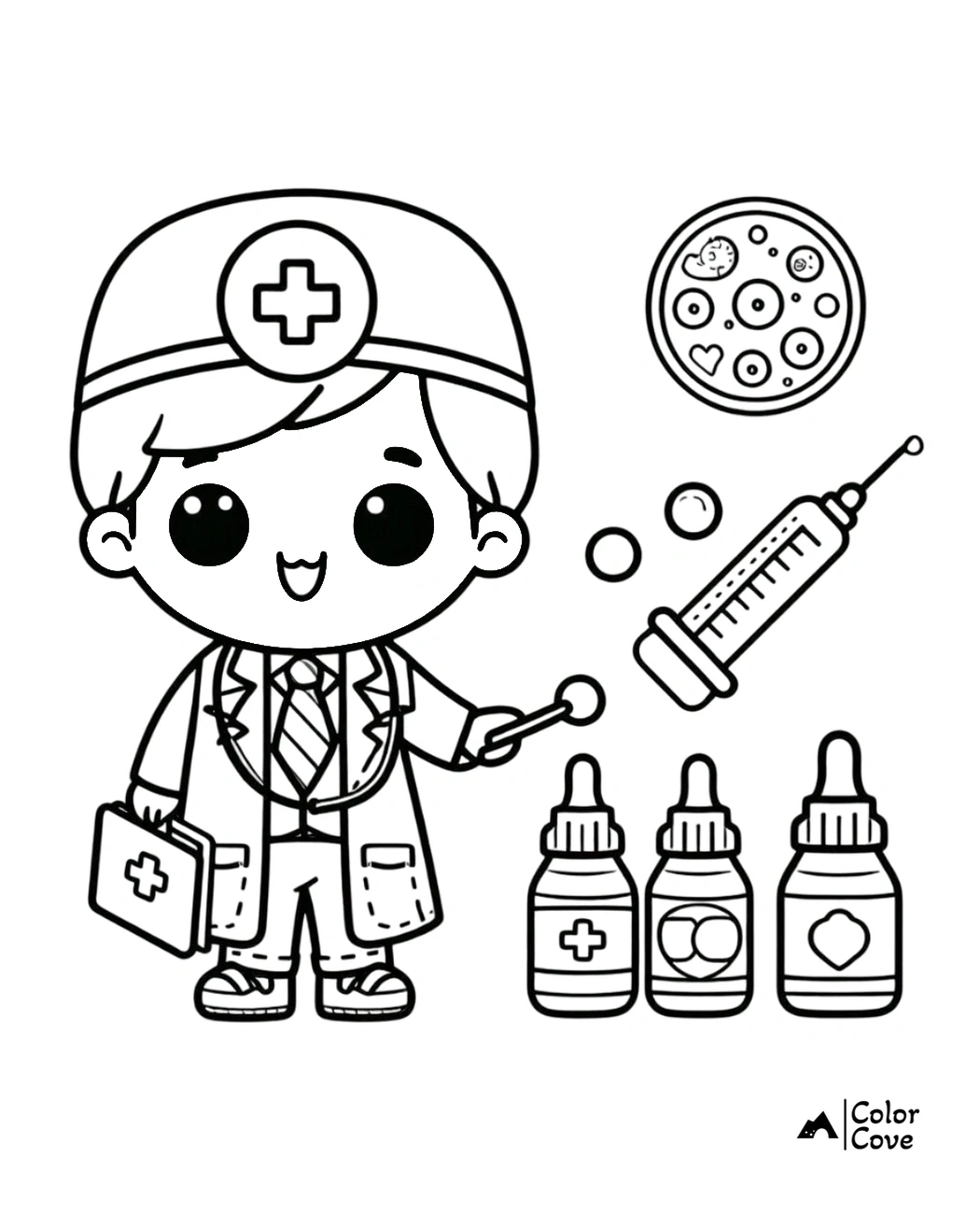 Cute doctor coloring page with medical tools, including a syringe, medicine bottles, and a petri dish with cells.