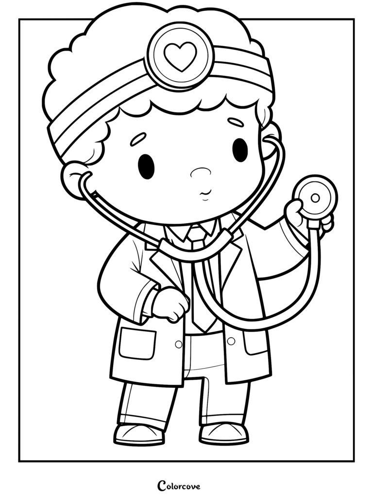 A cute doctor coloring page featuring a chibi boy wearing a white lab coat, tie, and a head mirror with a heart symbol, holding a stethoscope.