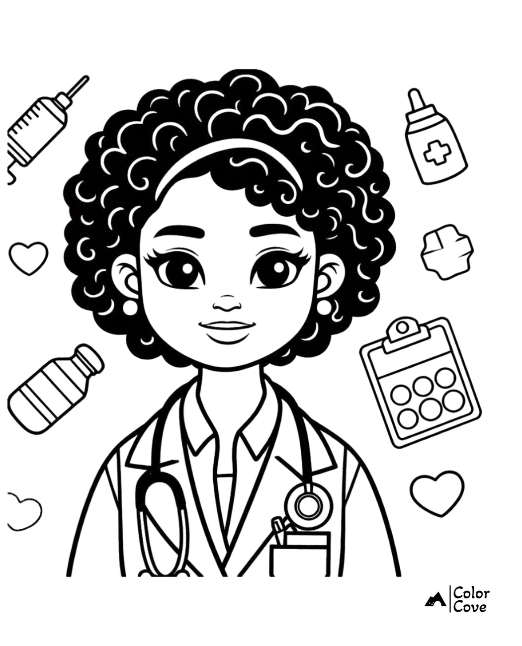 Coloring page of a female doctor with curly hair, surrounded by medical icons like syringe, clipboard, and heart shapes.