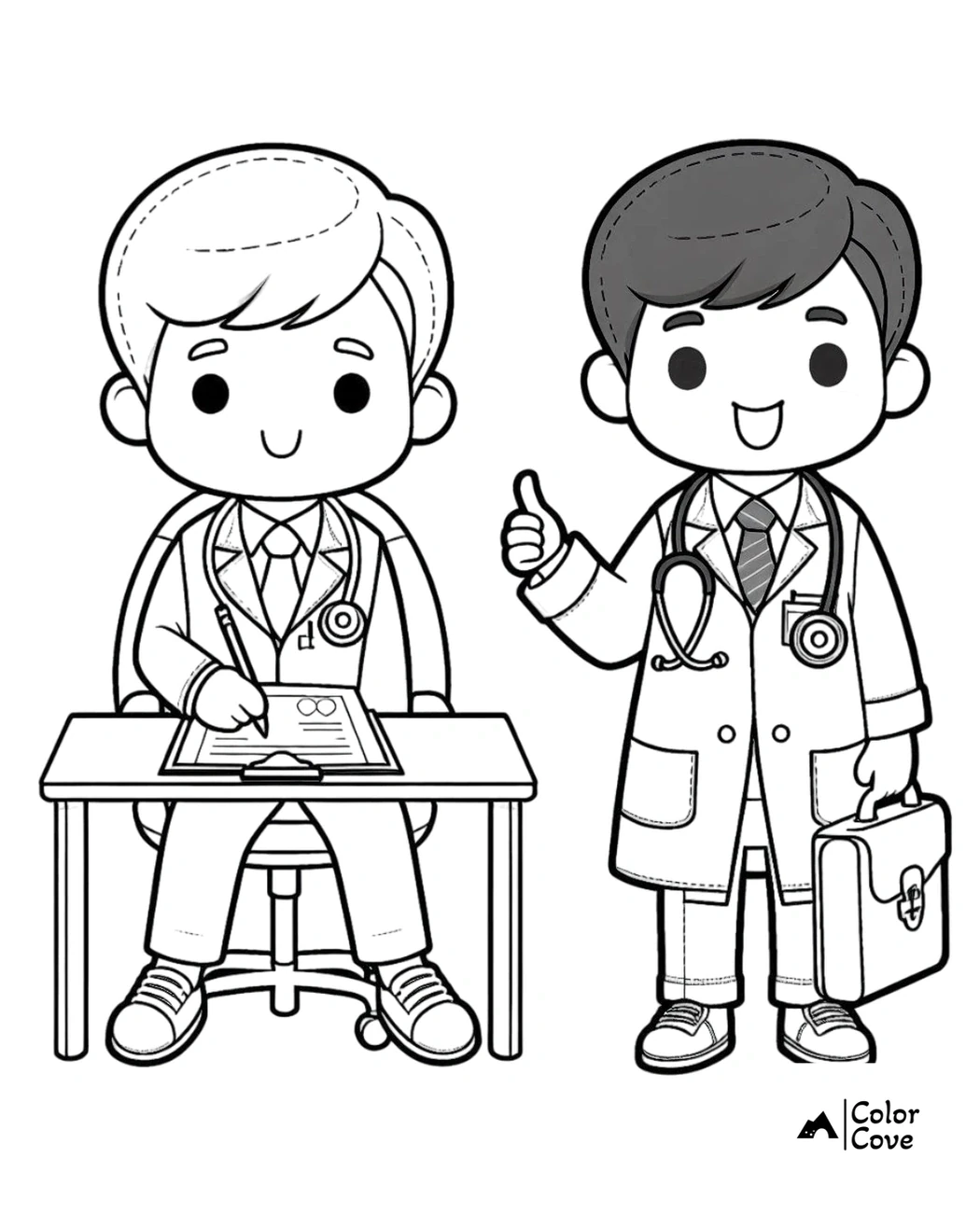 Cartoon doctors coloring page: one seated with medical chart, the other standing with a stethoscope, giving thumbs up.