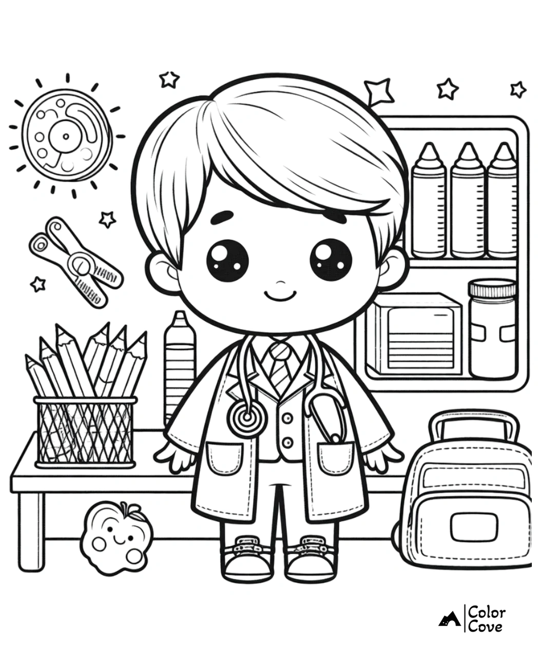 Coloring page of a cute doctor with stethoscope, medical supplies, and a backpack, ideal for kids' educational activities.