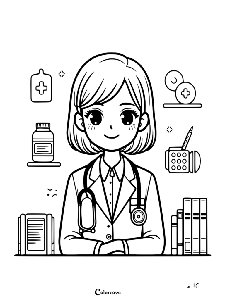 A friendly anime-style cute doctor with a stethoscope, surrounded by medical icons including a pill bottle, tablets, a clipboard, and books on a coloring page.