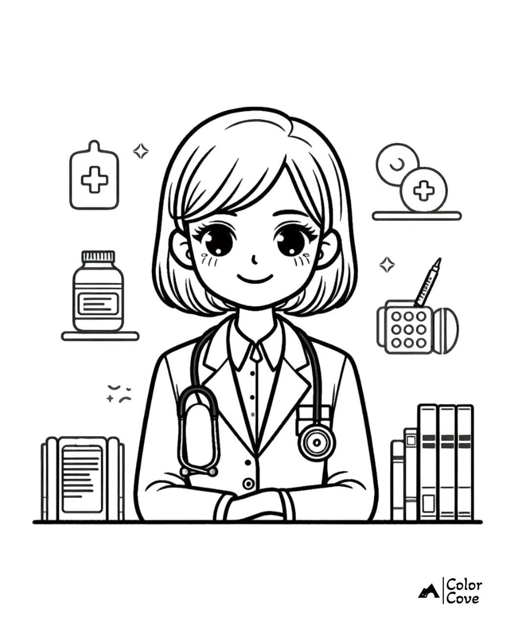 Cute doctor coloring page for kids featuring a smiling female doctor with medical supplies and books in the background.