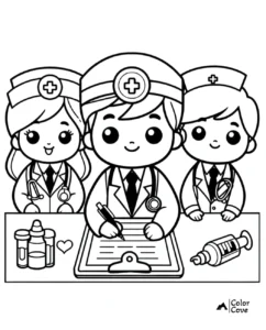 Coloring page of three cute cartoon doctors at a desk, with medical supplies and a clipboard for kids to color.